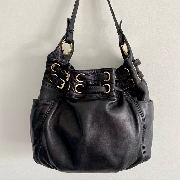 Michael Kors Black Soft Leather, Gold Hardware Shoulder Bag - Picture 1 of 14